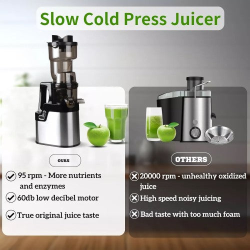 OHTE Slow Masticating Juicer, 250W Stainless Steel Slow Cold Press Juicer Machine with 100mm Large Feed Chute for Vegetables and Fruit OHTE Slow Masticating Juicer, 250W Stainless Steel Slow Cold Press Juicer Machine with 100mm Large Feed Chute for Vegetables and Fruit
